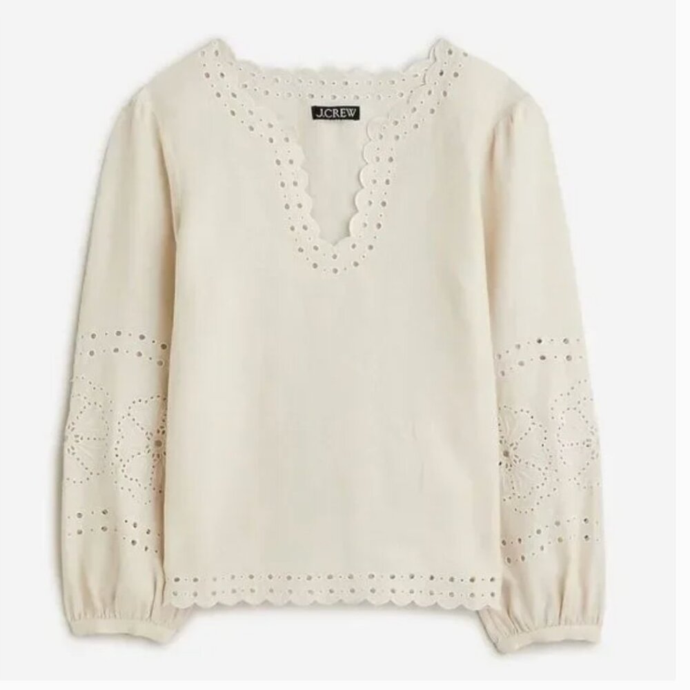 J.CREW NWT Women's Bungalow Ivory Embroidered Linen Long Sleeve Top MEDIUM BR741